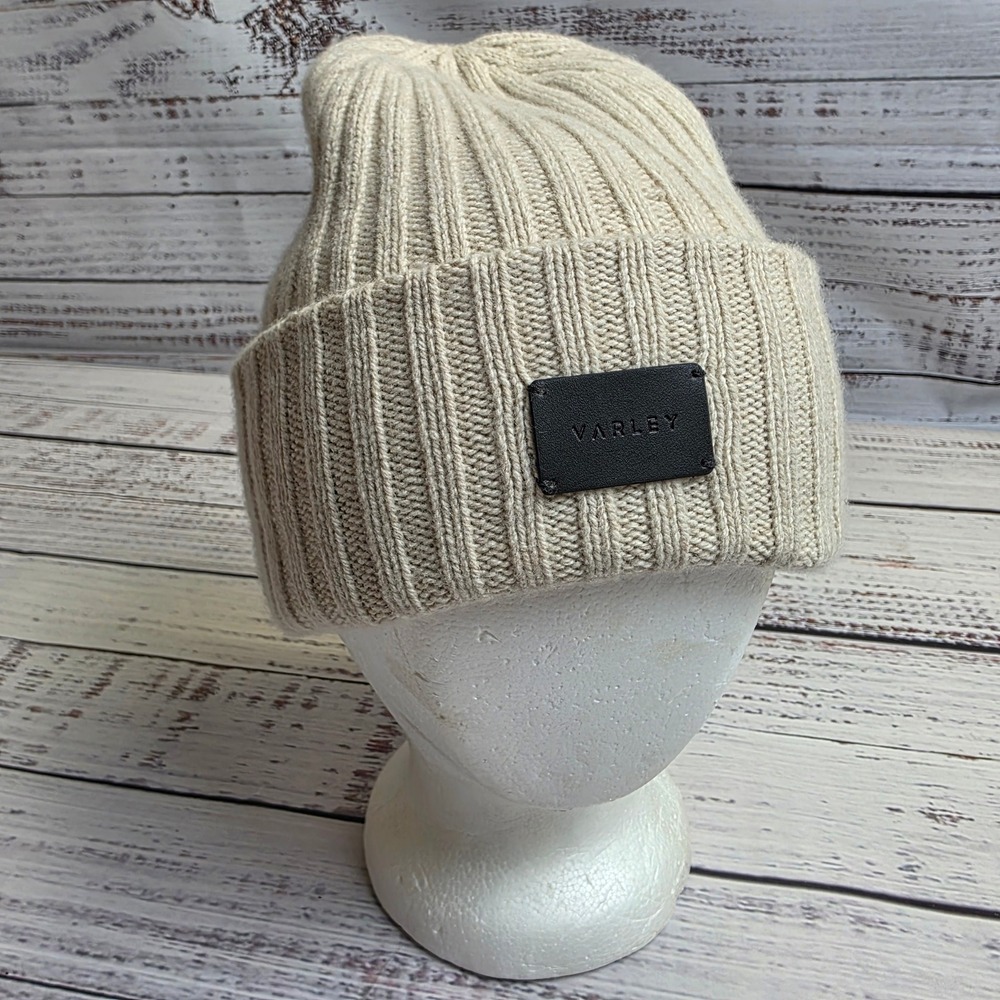 Varley Elva Chunky Rib Beanie Oatmeal Beige Merino Wool Blend Hat VAR02140